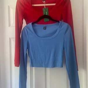 SHEIN Red & Light Blue Scoop Neck Long-Sleeve Cropped Tops Set